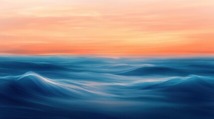 Obraz premium Abstract Ocean Sunset Digital Art Painting - Blue Water Waves and Pink Sky - Minimalist Design