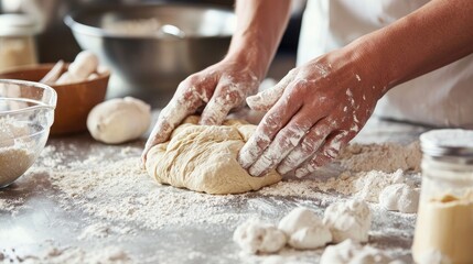 Fototapeta premium A baker's hands kneading dough on a floured countertop, with baking ingredients scattered around.