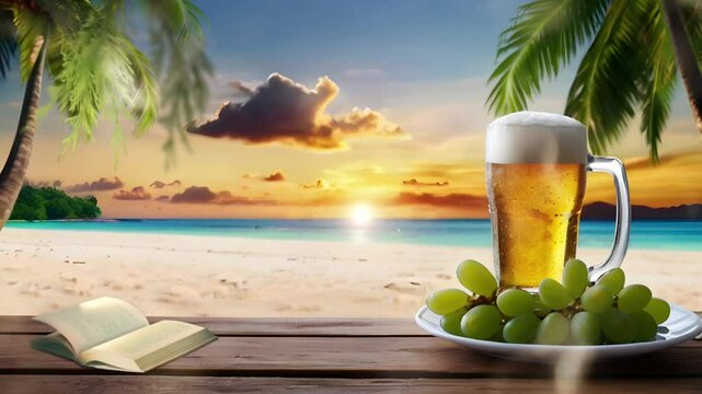 A glass of wine next to grapes on a wooden board with a bokeh effect beach background. Seamless 4K looping timelapse video animation background