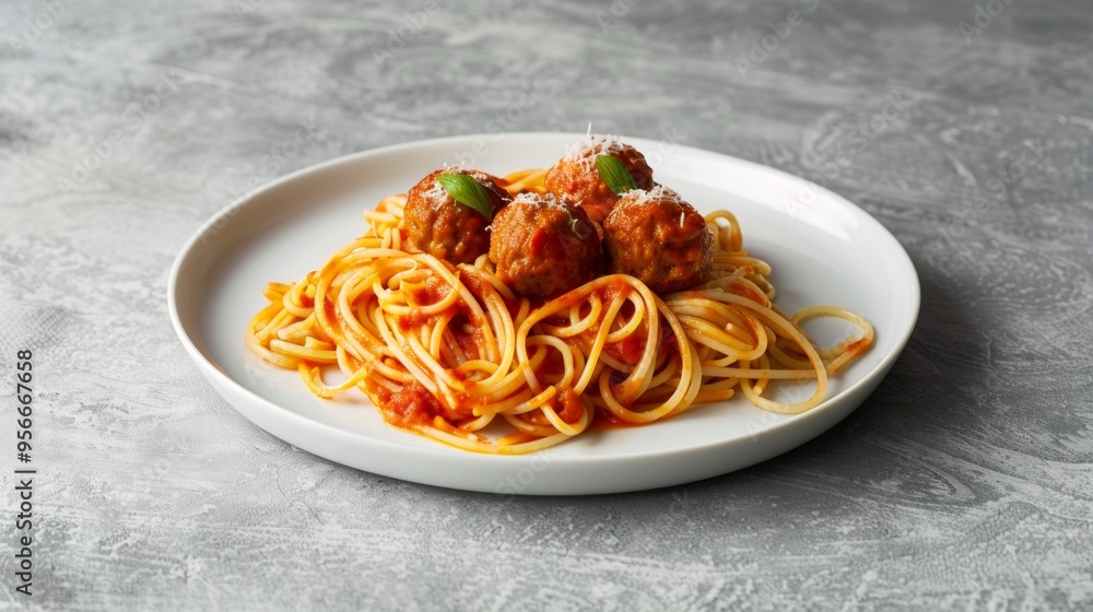 Poster Delicious spaghetti with meatballs served on a minimalist white plate. A classic dish that brings comfort and joy. Perfect for a meal or a gathering with family and friends. AI