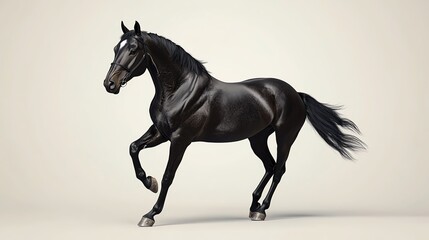 Fototapeta premium A magnificent black horse gracefully trotting, showcasing its strength and beauty against a neutral background.
