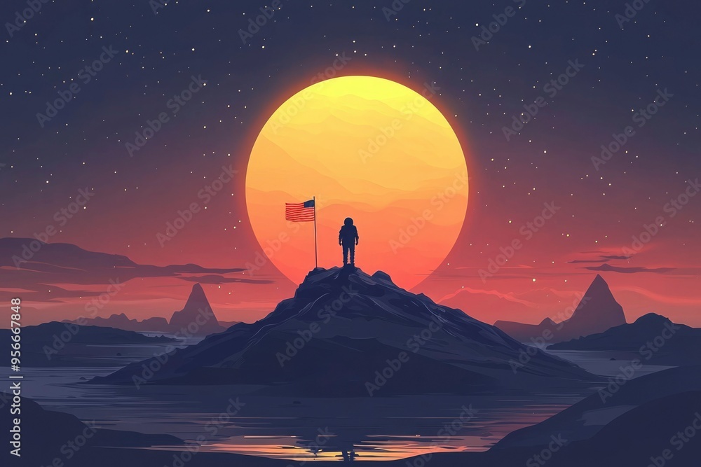 Poster astronaut standing on a mountaintop with an american flag on a distant planet with a large moon