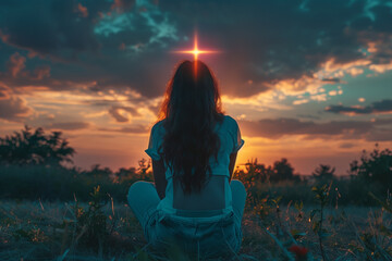 Rear view of young woman praying to god sitting in a field in the evening at sunset