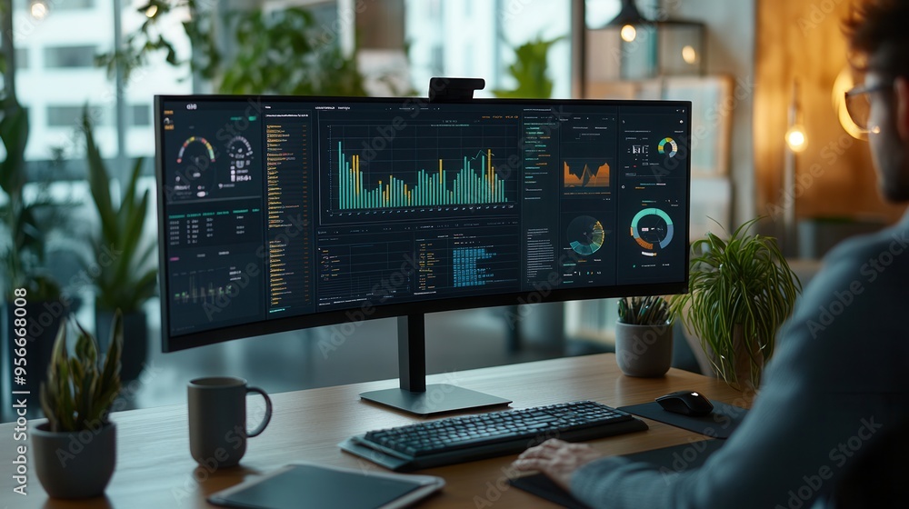 Poster an expert engages deeply in analyzing complex data on a large monitor, surrounded by organized desk 