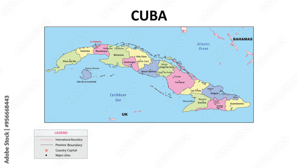 Wall mural cuba map. state and union territories of cuba with neighbouring countries. political map of cuba wit