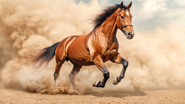 A majestic horse galloping through a sandy landscape, capturing the essence of speed and grace in nature's beautiful setting.