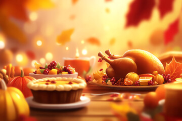 Festive Thanksgiving feast with roasted turkey, pies, pumpkins, and autumn leaves, creating a warm and inviting celebration atmosphere.