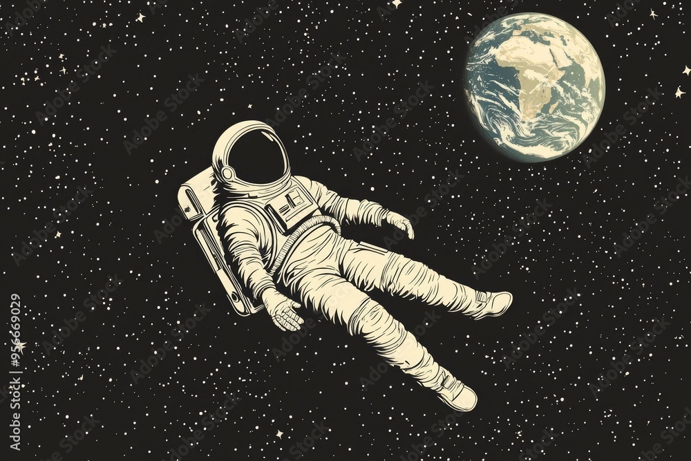 Poster astronaut floating in space with earth in the distance