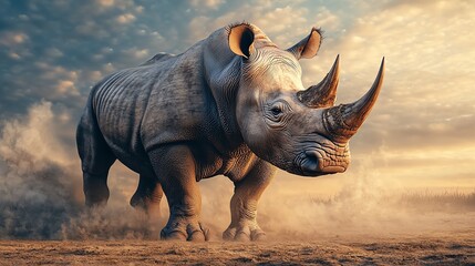 Fototapeta premium A majestic rhinoceros standing proudly in a dramatic landscape, showcasing strength and beauty against a striking sky.