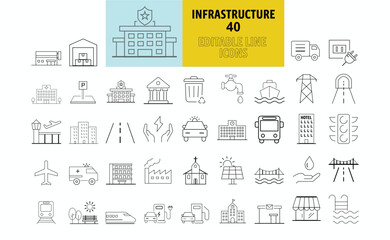 Infrastructure 40 Editable line icons. High-Quality Vector Icons set for web and business.