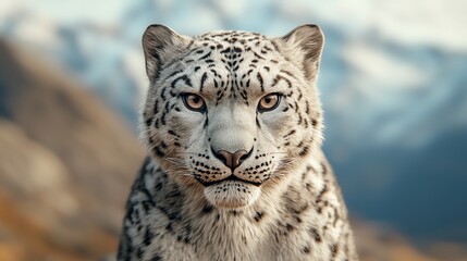 Obraz premium A majestic snow leopard gazes confidently, showcasing its stunning fur and captivating eyes against a dramatic mountain backdrop.