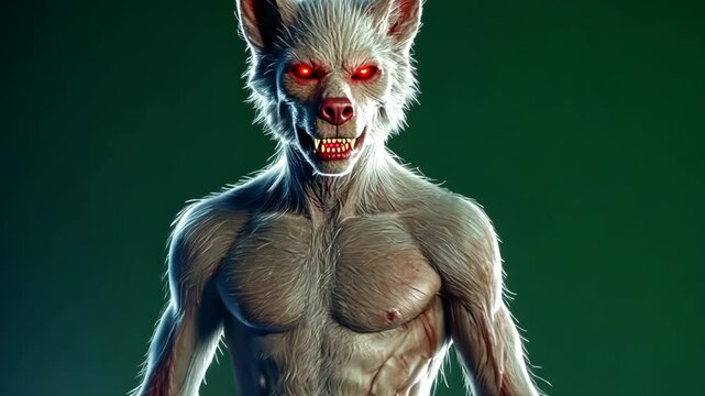 The Dog-Man creature on a green chroma key background. A ghoul against a chroma key backdrop. A werewolf in front of a chromakey screen. Perfect for visual effects and post-production editing.