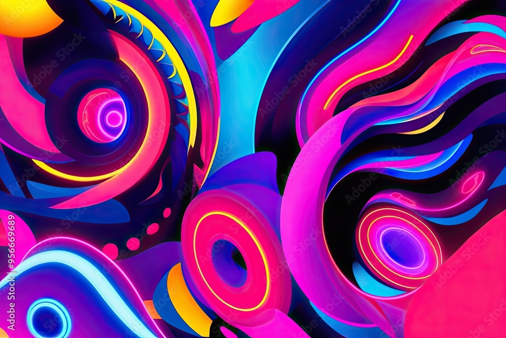 Poster vibrant neon abstract art featuring dynamic patterns and shapes
