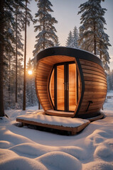 Modern industrial  barrel shaped sauna in the snowy forest during sunset, wooden sauna with warm light