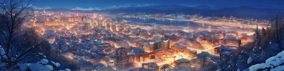 Obraz premium Enchanting Winter Wetlands: Soothing Anime-Style Illustration of Sapporo's Night Scenery with Cable Cars. Vibrant Nature-Inspired Artwork for NFT, Decor, Apparel Design, and Cultural Tourism Marketing