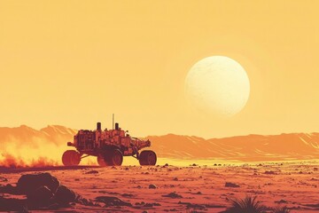 Fototapeta premium A futuristic vehicle traverses a desolate Martian landscape under a giant sun