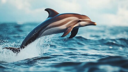 Fototapeta premium A playful dolphin leaps gracefully from the ocean surface, capturing the beauty of marine life in a vibrant seascape.