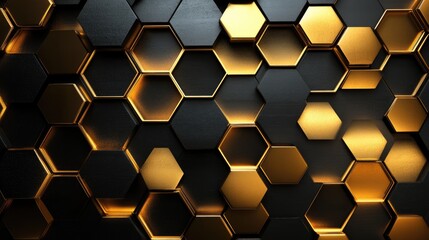 3D hexagon pattern in gold and black, creating a sleek and luxurious mosaic abstract background with reflections