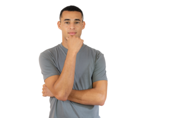 Portrait of handsome young man wearing casual t-shirt over transparent background.