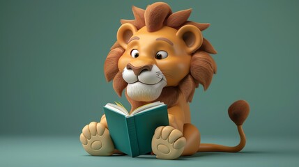 A cartoon lion is reading a book.