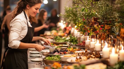A woman arranging a Thanksgiving buffet with a mix of traditional and modern dishes on a long table set with candles and natural decor while guests chat in the background