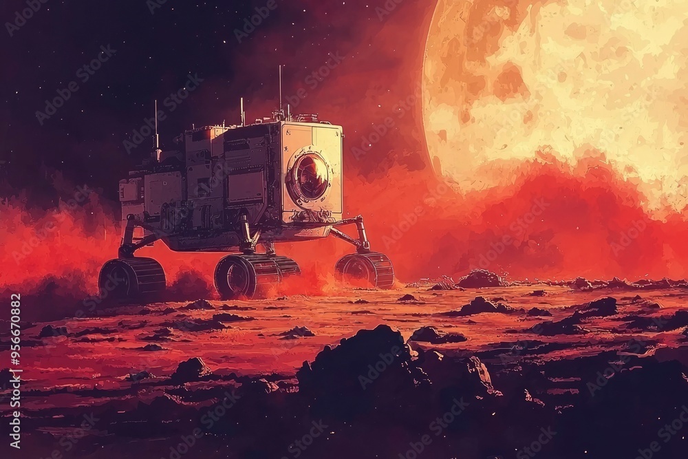 Poster a robotic vehicle explores a martian landscape with a large moon in the background