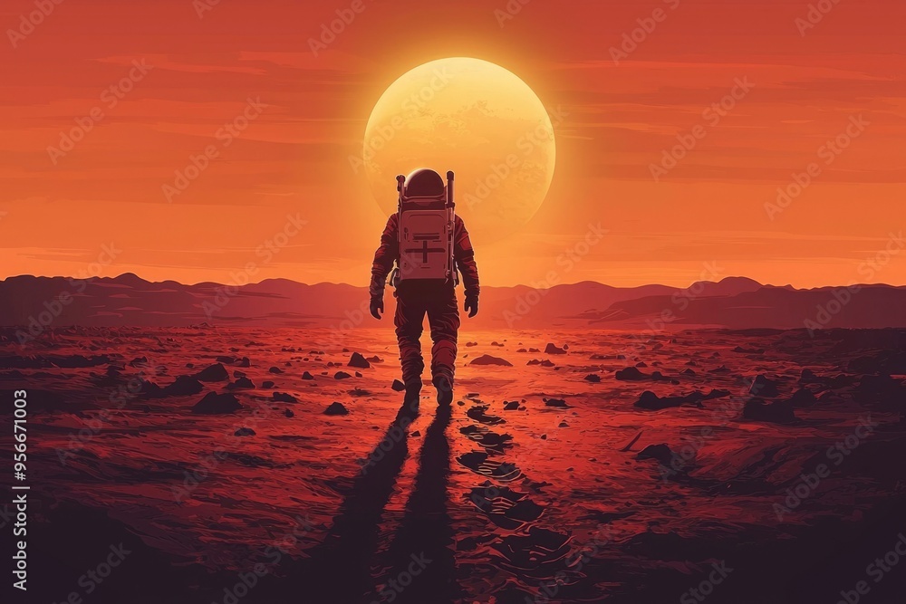 Poster astronaut walking on a red planet with a large moon in the sky
