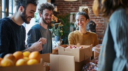A group of friends organizing a Thanksgiving food drive at a community center with boxes of donations and volunteers working together to share the spirit of giving