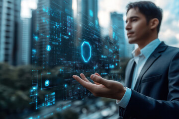 Businessman with digital AI interface overlay technology