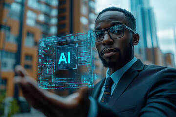 Professional man with AI interface overlay technology