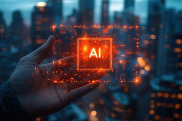 Hand holding digital AI interface with city background