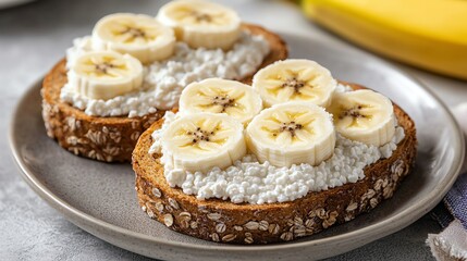 Whole wheat bread topped with creamy cottage cheese and sliced bananas, a delicious brain-boosting breakfast option