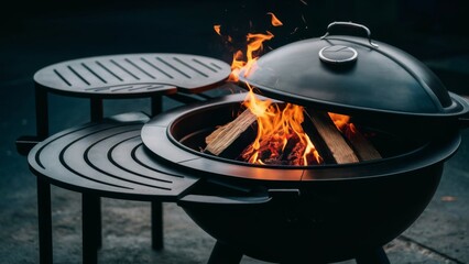 Stylish and modern wood-burning fire pit with a lid, emitting warm flames from burning logs, designed with sleek black metal surfaces, perfect for outdoor gatherings and backyard warmth