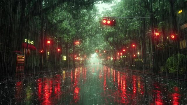 On a rainy night in the city, trees and lights cast reflections in the wet streets, with raindrops glistening in the glow