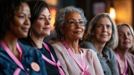 Fototapeta premium A group of women of different ages and backgrounds sitting together in a support group, all wearing pink ribbons, with warm lighting creating a sense of community and shared experience in the journey