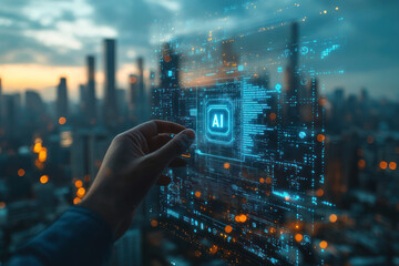 AI icon on digital interface with city skyscrapers