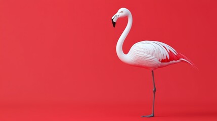 Fototapeta premium A stunning white flamingo standing gracefully against a vibrant red background, showcasing elegance and beauty in nature.