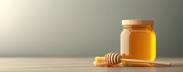 A stylish jar of honey with a wooden dipper set against a soft background. Perfect for culinary and health-related themes.