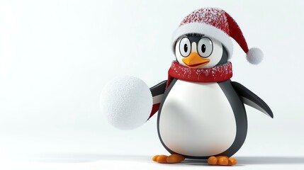 Fototapeta premium A cartoon penguin wearing a Santa hat and a scarf holds a snowball.