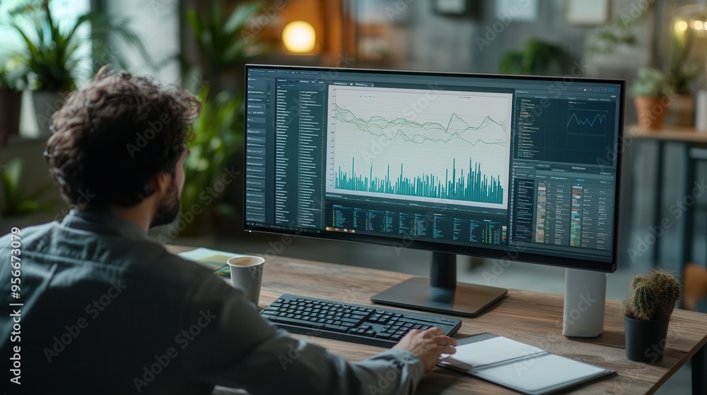 Poster a professional deeply engaged in analyzing data on a large monitor, surrounded by a tidy workspace w