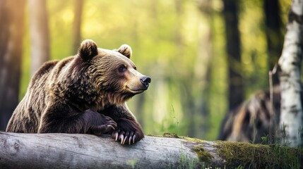Obraz premium A brown bear alone on a log in a peaceful forest setting, captured in dreamy, soft-focus photography with ample copy space.