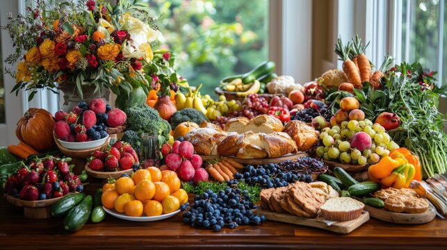 A bountiful table filled with a variety of fresh fruits, vegetables, and baked goods.