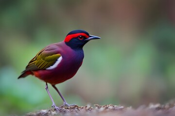 Fototapeta premium Garnet pitta bird blurry nature background, AI Generated