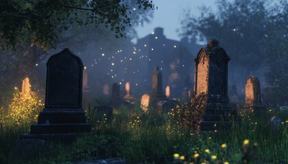 A serene graveyard scene illuminated by soft lights and surrounded by lush greenery, evoking a sense of peace and reflection.