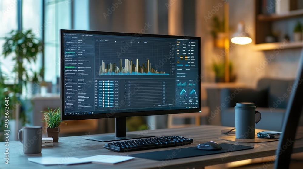 Poster a focused individual reviews intricate data on a monitor while surrounded by a neatly organized desk
