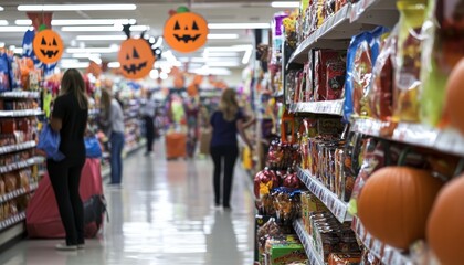 A grocery store aisle decorated for Halloween, showcasing various candies and festive items.