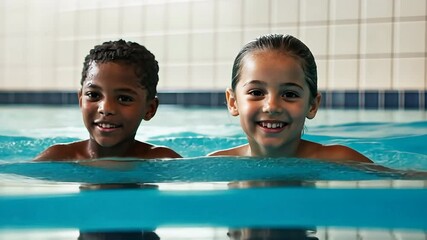 Three children are in a pool, one of them is wearing a black shirt. Scene is lighthearted and playful