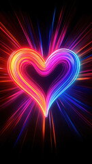 Colorful light rays forming neon heart shape