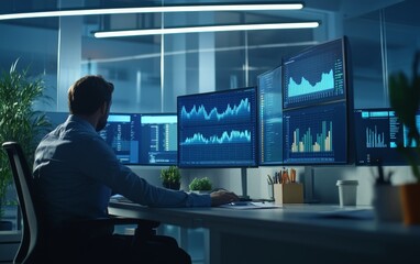 A person analyzing data on multiple screens in a modern office environment.