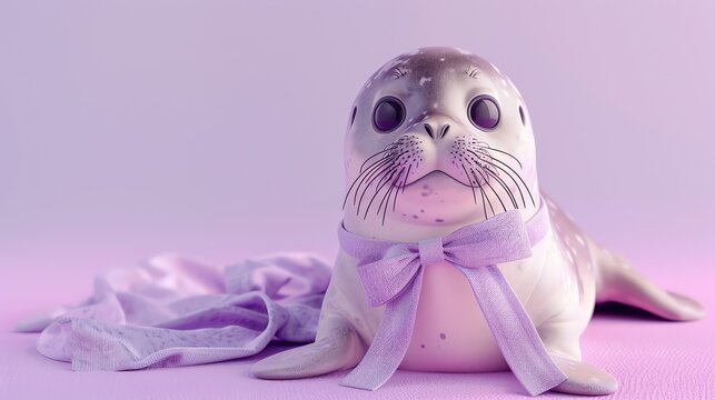 A cute baby seal wearing a purple bowtie on a lavender background.